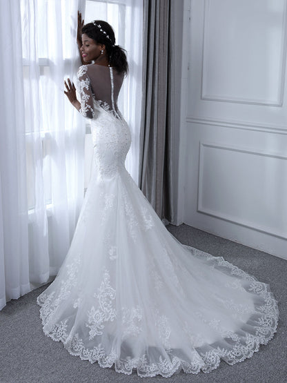 Robes de mariée sirène en tulle à manches 3/4 et col transparent avec appliques de perles