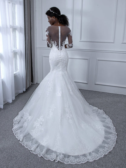 Robes de mariée sirène en tulle à manches 3/4 et col transparent avec appliques de perles