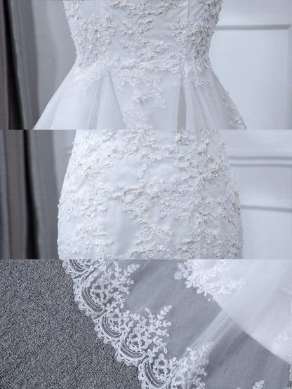 Robes de mariée sirène en tulle à manches 3/4 et col transparent avec appliques de perles
