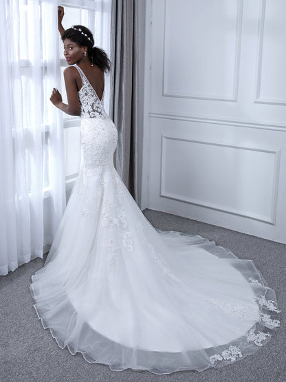 Robes de mariée sirène en tulle sans manches à col en V avec appliques de perles et paillettes