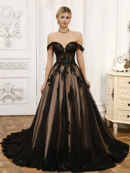 Robes de mariée robe de bal en tulle à épaules dénudées avec perles et appliques