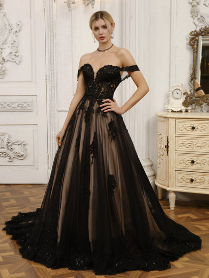 Robes de mariée robe de bal en tulle à épaules dénudées avec perles et appliques