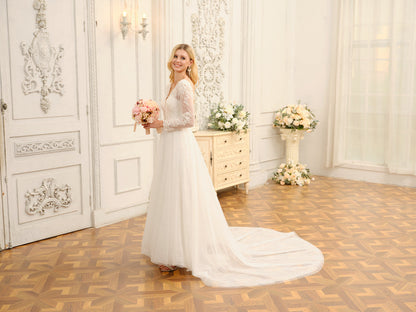 Forme Princesse Col en V Longue Robes de mariée en dentelle avec Appliques et manches longues