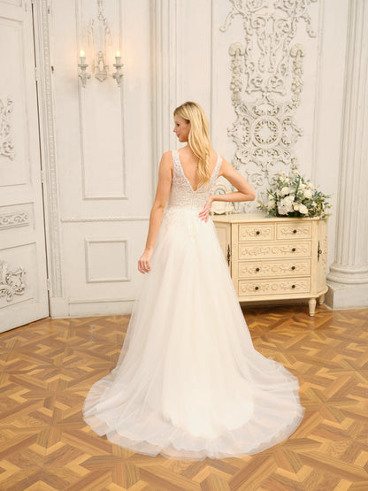 Forme Princesse Col V Sans Manches Longues Robes de Mariée avec Appliques