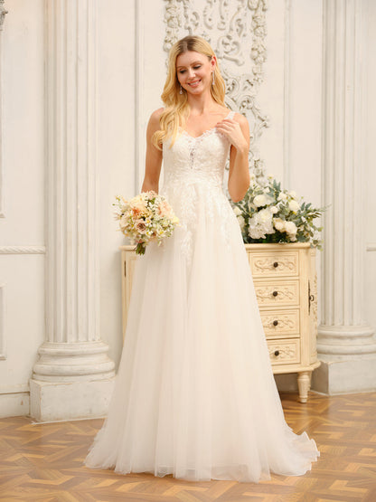 Forme Princesse Col V Sans Manches Longues Robes de Mariée avec Appliques