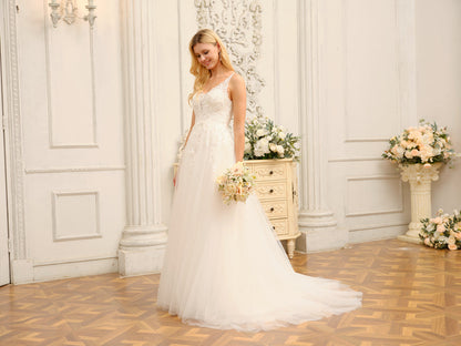 Forme Princesse Col V Sans Manches Longues Robes de Mariée avec Appliques