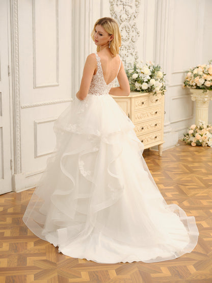 Robe de mariée longue sans manches à col en V avec appliques