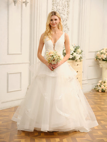 Robe de mariée longue sans manches à col en V avec appliques