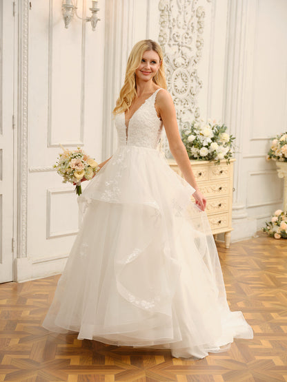 Robe de mariée longue sans manches à col en V avec appliques