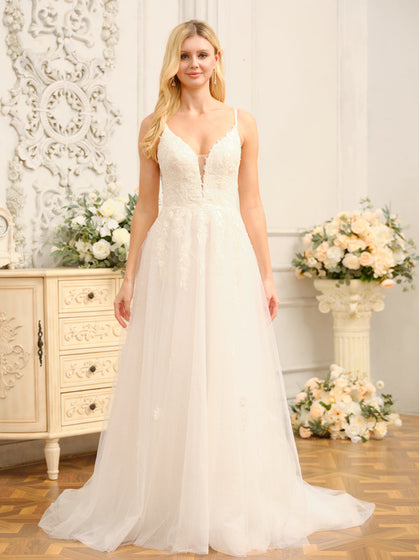 Forme Princesse Bretelles Spaghetti Sans Manches Longues Robes de Mariée avec Appliques & Seuiqns