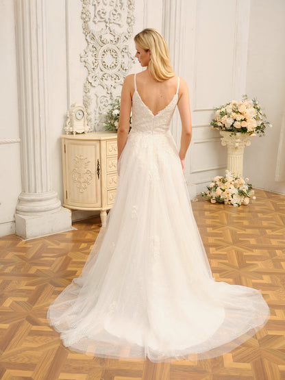 Forme Princesse Bretelles Spaghetti Sans Manches Longues Robes de Mariée avec Appliques & Seuiqns