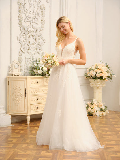 Forme Princesse Bretelles Spaghetti Sans Manches Longues Robes de Mariée avec Appliques & Seuiqns