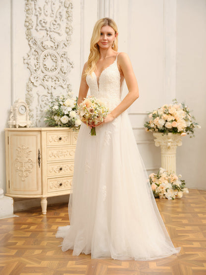 Forme Princesse Bretelles Spaghetti Sans Manches Longues Robes de Mariée avec Appliques & Seuiqns