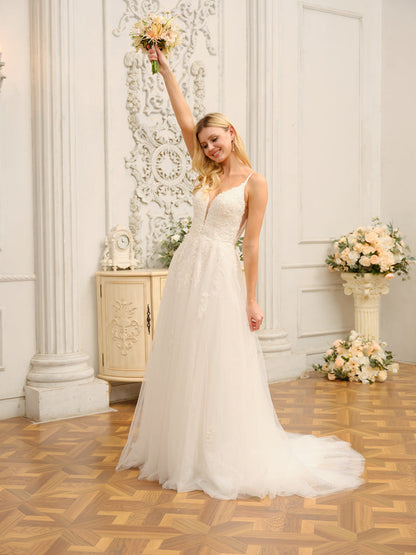 Forme Princesse Bretelles Spaghetti Sans Manches Longues Robes de Mariée avec Appliques & Seuiqns