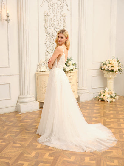 Forme Princesse Bretelles Spaghetti Sans Manches Longues Robes de Mariée avec Appliques & Seuiqns