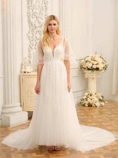 Forme Princesse Col en V Demi-manches Longues Robes de mariée avec Appliques