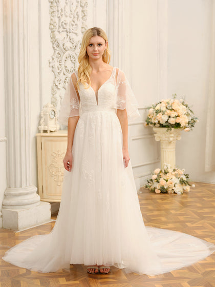 Forme Princesse Col en V Demi-manches Longues Robes de mariée avec Appliques