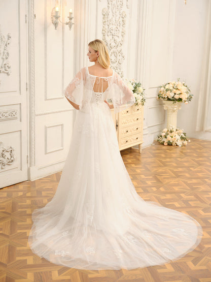Forme Princesse Col en V Demi-manches Longues Robes de mariée avec Appliques