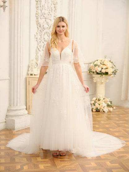 Forme Princesse Col en V Demi-manches Longues Robes de mariée avec Appliques