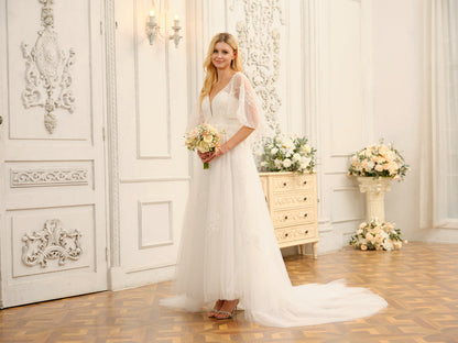 Forme Princesse Col en V Demi-manches Longues Robes de mariée avec Appliques