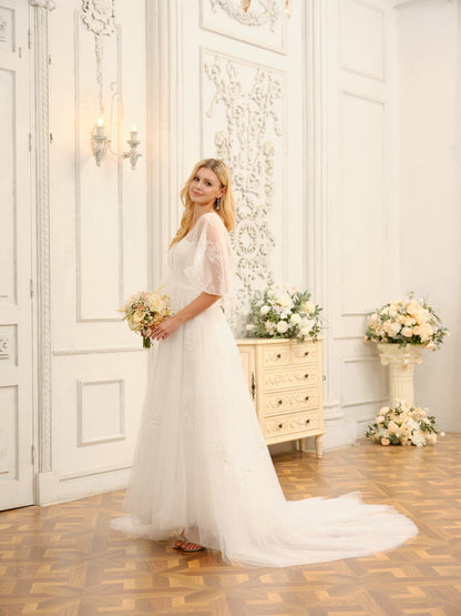 Forme Princesse Col en V Demi-manches Longues Robes de mariée avec Appliques