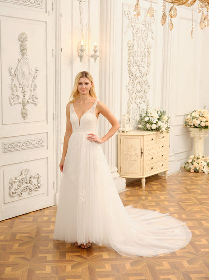 Forme Princesse Col en V Demi-manches Longues Robes de mariée avec Appliques