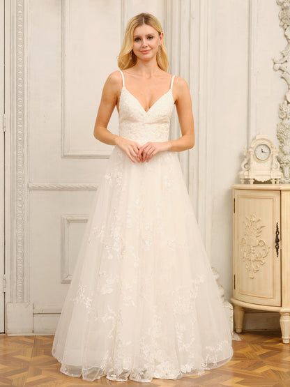 Forme Princesse Bretelles spaghetti Col en V Sans Manches Longues Robes de Mariée avec Appliques