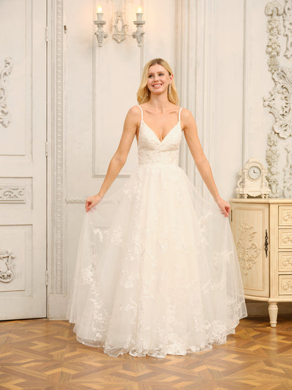 Forme Princesse Bretelles spaghetti Col en V Sans Manches Longues Robes de Mariée avec Appliques