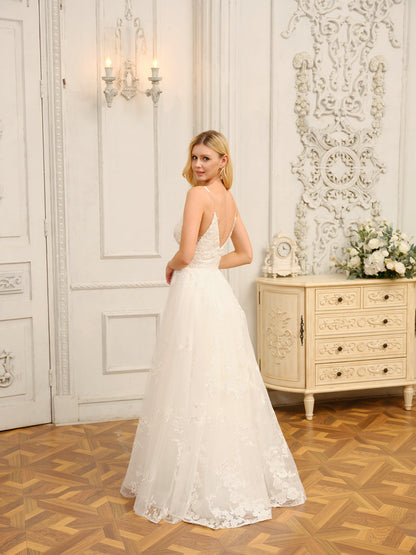 Forme Princesse Bretelles spaghetti Col en V Sans Manches Longues Robes de Mariée avec Appliques