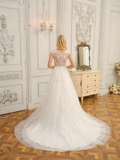 Robes de mariée longues sans manches à col en V avec appliques et perles
