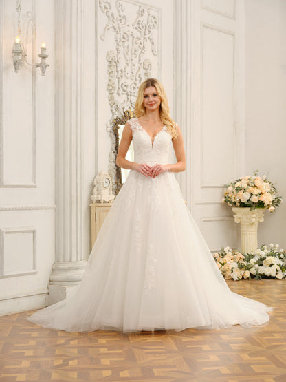 Robes de mariée longues sans manches à col en V avec appliques et perles