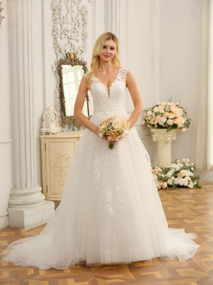 Robes de mariée longues sans manches à col en V avec appliques et perles