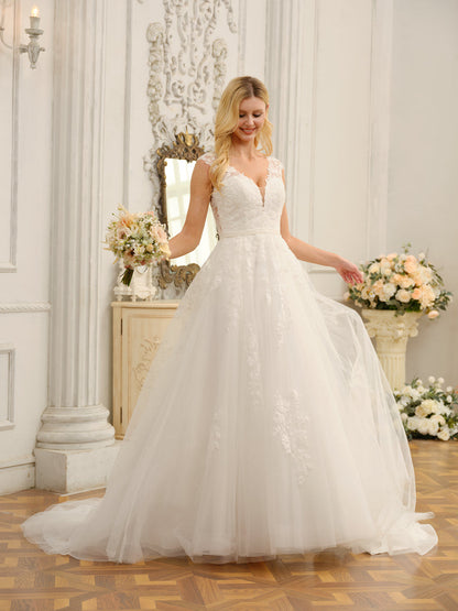 Robes de mariée longues sans manches à col en V avec appliques et perles