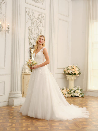Robes de mariée longues sans manches à col en V avec appliques et perles