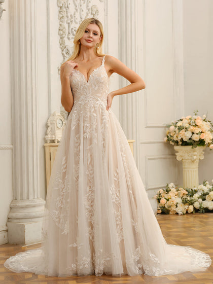 Forme Princesse Bretelles spaghetti Sans Manches Longues Robes de Mariée avec Appliques