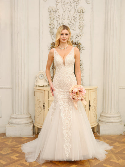 Trompette/Sirène Col en V Sans Manches Robes de Mariée Longues avec Appliques