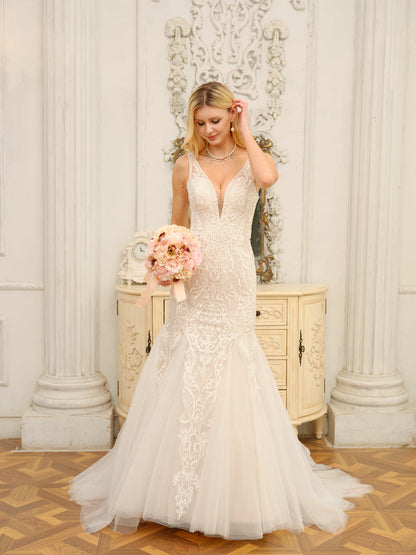 Trompette/Sirène Col en V Sans Manches Robes de Mariée Longues avec Appliques