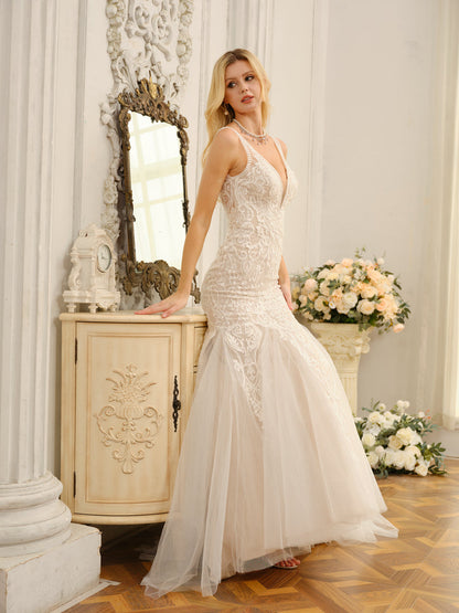 Trompette/Sirène Col en V Sans Manches Robes de Mariée Longues avec Appliques