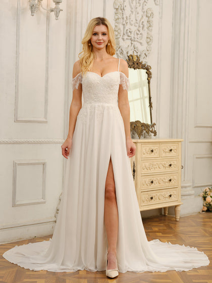 Forme Princesse Hors de l'épaule Robes de mariée longues avec Appliques et côté fendu