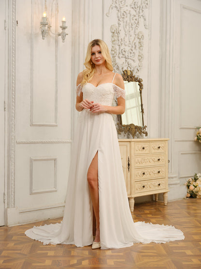 Forme Princesse Hors de l'épaule Robes de mariée longues avec Appliques et côté fendu