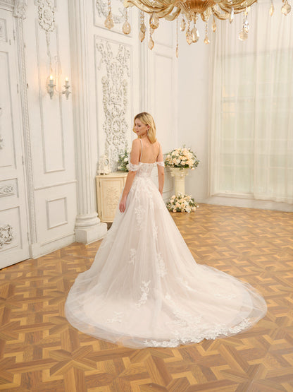 Robes de mariée longues en tulle, épaules dénudées, sans manches, avec appliques