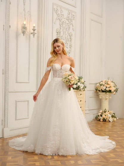 Robes de mariée longues en tulle, épaules dénudées, sans manches, avec appliques