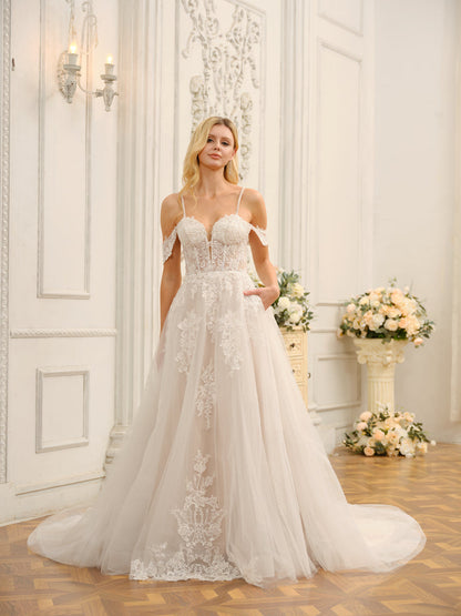 Robes de mariée longues en tulle, épaules dénudées, sans manches, avec appliques