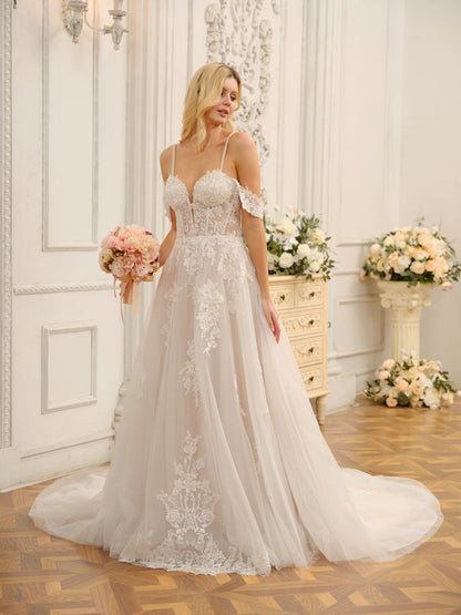Robes de mariée longues en tulle, épaules dénudées, sans manches, avec appliques