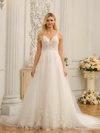 Robes de mariée longues sans manches, bretelles spaghetti, col en V, avec appliques et perles