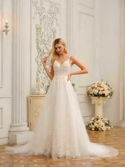 Robes de mariée longues sans manches, bretelles spaghetti, col en V, avec appliques et perles