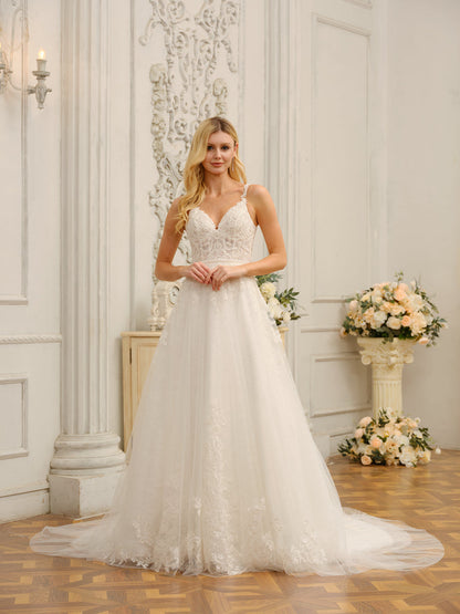 Robes de mariée longues sans manches, bretelles spaghetti, col en V, avec appliques et perles