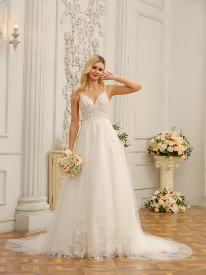 Robes de mariée longues sans manches, bretelles spaghetti, col en V, avec appliques et perles