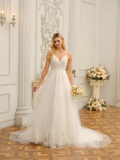 Robes de mariée longues sans manches, bretelles spaghetti, col en V, avec appliques et perles