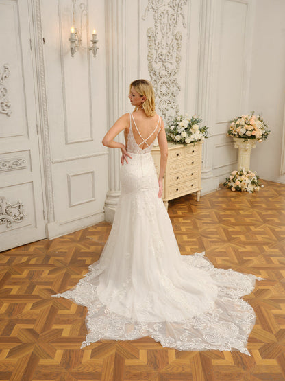 Trompette/Sirène Bretelles Spaghetti Sans Manches Robes de Mariée Longues avec Appliques